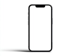 Black and gray smartphone with blank white screen isolated on a white background, casting a slight shadow