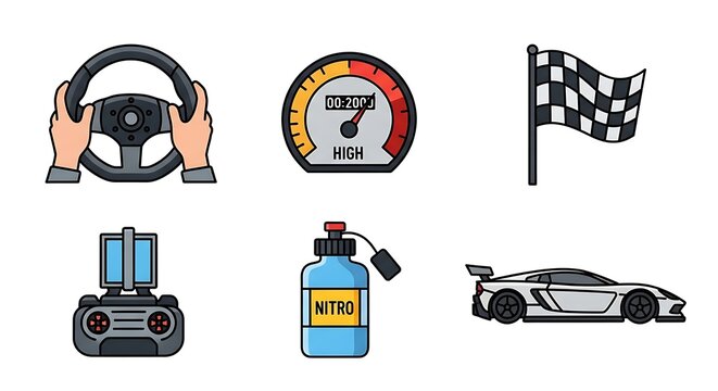 Illustration of racing elements including steering wheel car speedometer and checkered flag