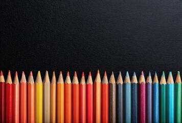 Row of colored pencils arranged along the bottom edge against a textured, dark background. Space above them for text or graphics