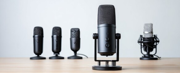 A set of various black and silver microphones stand on a wood surface against a white backdrop, ready for broadcast or recording