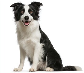 Border Collie sitting. The canine has black/white fur, amber eyes, and a happy expression against a white backdrop
