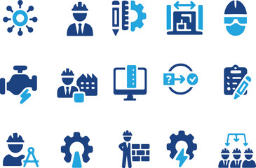 Engineering icon set. Containing blueprint, engineer, tools, construction, mechanical, industrial, worker, engine, manufacturing and machinery icons. Solid icon collection. Vector illustration.