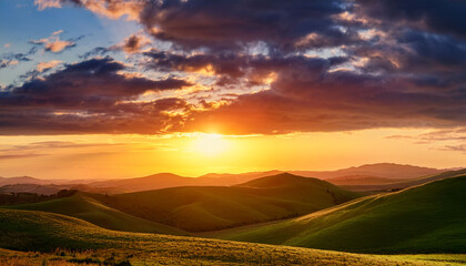 Breathtaking Sunset Over Rolling Hills With Cloudy Skies
