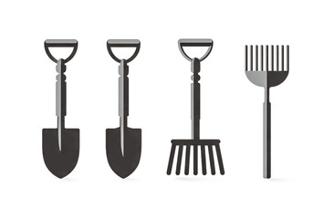 Vector illustration of gardening tools including shovels and rakes for farm or home use on white background