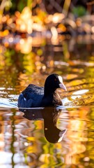 A captivating view of a black and white bird gracefully gliding on a water surface, showcasing its reflection and the vibrant autumnal hues of the surrounding foliage.