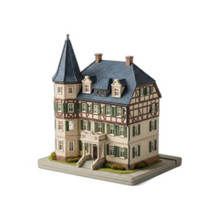 Detailed Architectural Model of a Traditional German Half-Timbered House with Blue Tiled Roof and Green Shutters. PNG Without Background