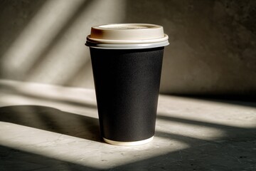 Disposable Coffee Cup with Black Sleeve on Marble Surface in Dramatic Natural Light