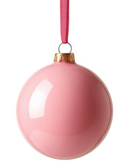 Pink Christmas ball ornament with a shiny surface, hanging on a pink ribbon, isolated on transparent background