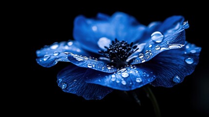    a blue flower with water droplets on its petals against a dark background