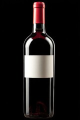 Gleaming red wine bottle, blank label, crimson foil, against a stark black backdrop. Sleek, elegant, and minimalist