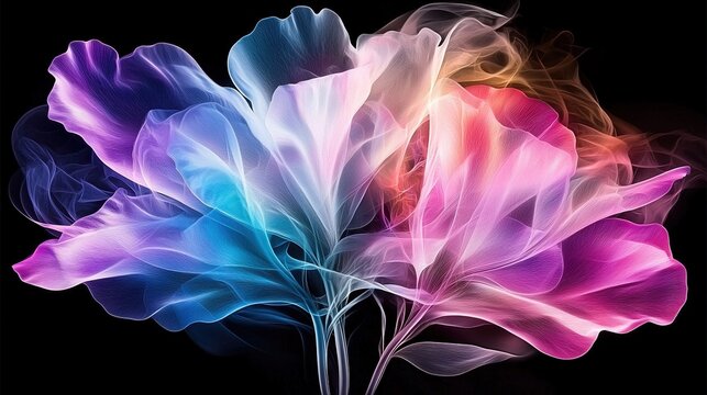   Close-up of a flower on black background with colored smoke surrounding it Flower in center has pink, blue, purple, pink, purple, and red petals with a blue and white - Powered by Adobe