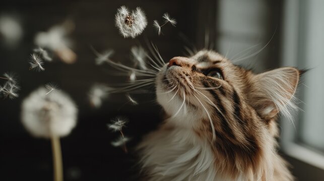 A long-haired tabby cat stares upward at floating dandelion seeds against a blurred background near a window