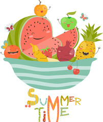 Funny cartoon fruits in bowl. Vector isolated illustration