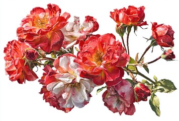 Roses watercolor painting featuring vibrant red, orange, and white hues, arranged as a beautiful floral display