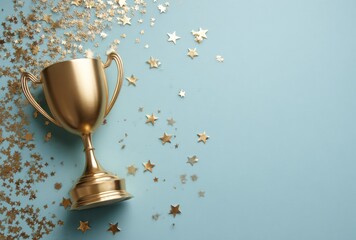 Golden trophy cup and glitter stars on a light blue background, top-left arrangement, space for copy on the right