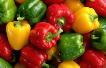 a pile of colorful bell peppers, red, green, and yellow