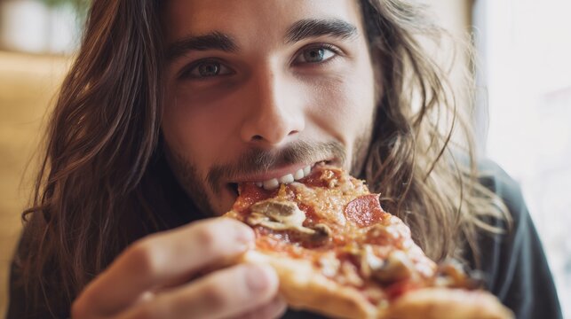 Young man eating slice of pizza with cheese and toppings enjoying fast food lifestyle
