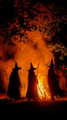 Mystical night scene with witchy figures dancing around a blazing bonfire, silhouettes in flowing robes and pointy hats.