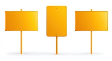 Three orange blank signs, two horizontal and one vertical, stand on a white surface, casting subtle shadows