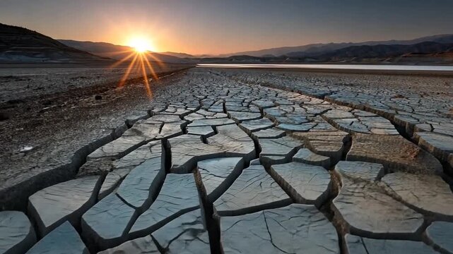 The parched and deeply cracked earth stretches towards the distant horizon under a dramatic sunset, illustrating severe drought conditions and environmental challenges.