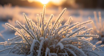 Obraz premium Close up of frost covered grass blades glistening in golden sunlight during winter season with