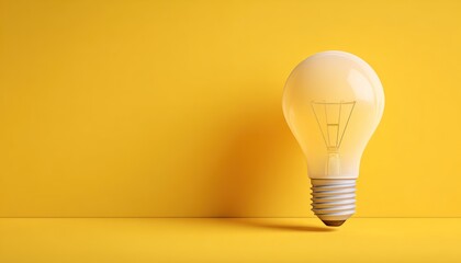 Illuminated light bulb on a vibrant yellow backdrop with subtle shadows. Representing creativity and innovation with a bright glow