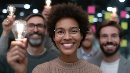 Smiling African American businesswoman and coworkers portrait image. Business team showing lightbulbs in office photography human scene. Corporate innovations concept photo-realistic