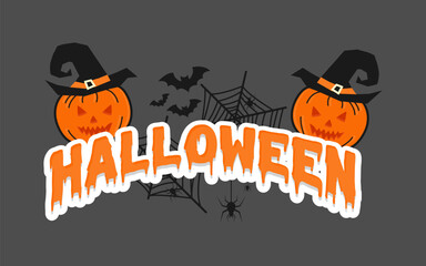 Festive Halloween typography design. This vector combines classic spooky elements like pumpkins, bats, and spider webs to create a fun and eye-catching holiday greeting.