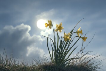 Bright yellow daffodils stand tall on grassy hill, silhouetted against a cloudy sky and the sun shining through the clouds