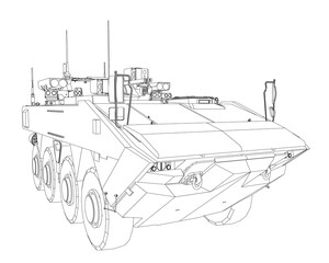 Armored personnel carrier military vehicle contour drawing on white background.
