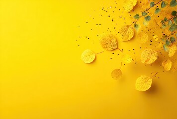 Autumnal charm vibrant yellow background with delicate leaves, glitter, and a few branches for a seasonal, minimalist aesthetic