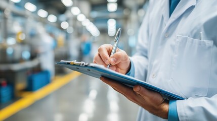 Factory inspector in lab coat writing on clipboard quality control and compliance audit