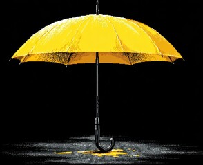 Isolated bright yellow umbrella with a curved black handle, sitting on a reflective, dark surface