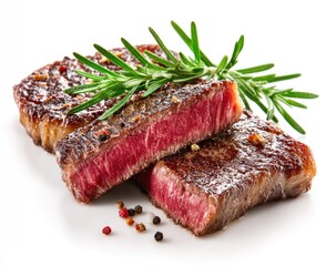 Sliced, perfectly cooked beef steak with rosemary sprigs and peppercorns on white. Juicy, red interior visible
