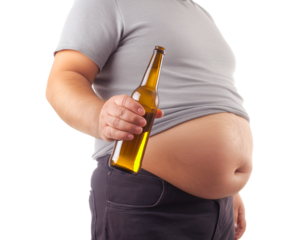 A close-up shot of an overweight man's prominent beer belly, holding a bottle of beer isolated on a transparent background
