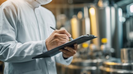 Food industry inspector in protective clothing writing on clipboard at factory quality check
