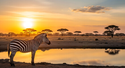 Zebra at sunset in african savanna