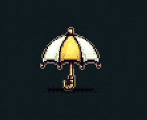 Pixelated umbrella illustration. Gold handle and stem, alternating white and gold panels. Dark background