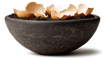 Cracked eggshells in rich soil within a textured, dark bowl. Neutral backdrop