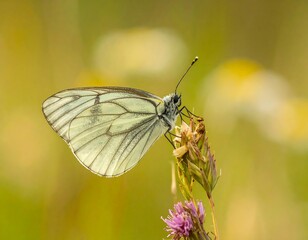 Obraz premium A delicate pale butterfly, wings outstretched, rests gracefully on a flower stalk against a soft, blurred backdrop of natural light.