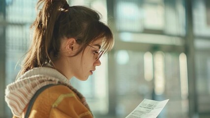 A woman stands in front of an open window, reading a document or letter - Powered by Adobe