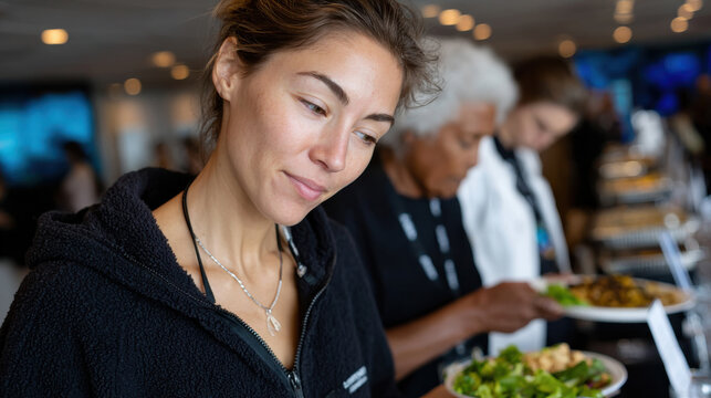 A woman thoughtfully considering her meal options at a networking event, highlighting the blend of social interaction and culinary experiences in a professional environment.