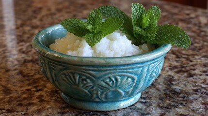 Close-up shot of a turquoise bowl filled with white granular substance, garnished with green mint sprigs on mottled surface