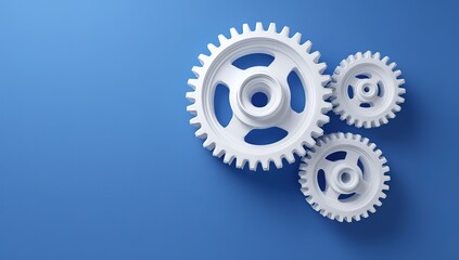 3D render of white gears on a blue background, a simple minimalistic design.
