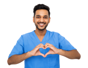 A friendly young South Asian male healthcare professional in blue scrubs smiles broadly while making a heart shape with his hands isolated on a transparent background