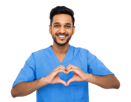 A friendly young South Asian male healthcare professional in blue scrubs smiles broadly while making a heart shape with his hands isolated on a transparent background