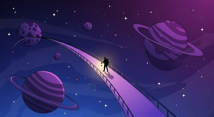 Fototapeta premium A silhouette figure on a bridge in space with planets and stars in a purple and blue sky scene