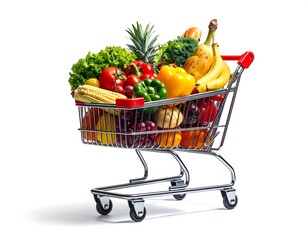 A vibrant assortment of fresh produce in a shopping cart, showcasing the essentials of healthy food for a nutritious diet