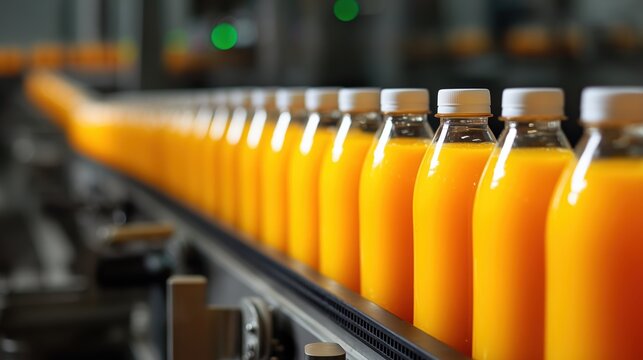 Bottles of orange juice on production line in beverage factory automated bottling plant