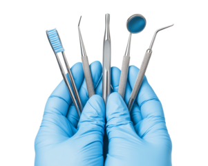 A close-up view of a healthcare professional's gloved hands holding a complete set of sterile dental instruments isolated on a transparent background